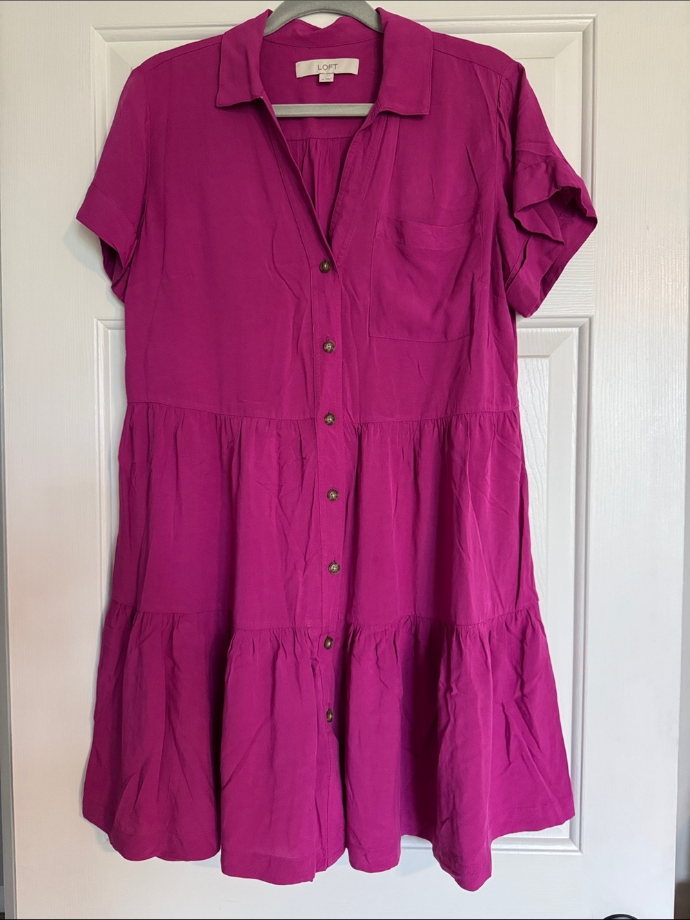 LOFT Magenta Tiered Button-Front Shirtdress